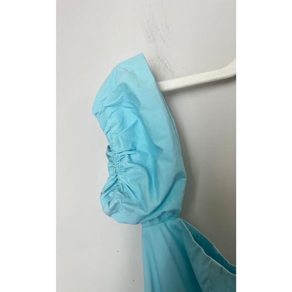 Staud Elio Tiered Mini Dress Women's sz. 6 in Turquoise Off the Shoulders - Picture 5 of 9